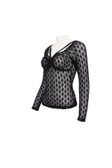 Black Lace Mesh Front Red Diamond Long Sleeve Transparent Women's Punk T-Shirt - Product - 7