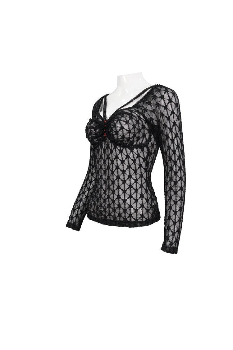 Black Lace Mesh Front Red Diamond Long Sleeve Transparent Women's Punk T-Shirt - Product - 7