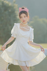 White Ruffled Square Collar Bubble Short Sleeves Double Layer Embossed Fabric Sweet Lolita Dress - Product - 5