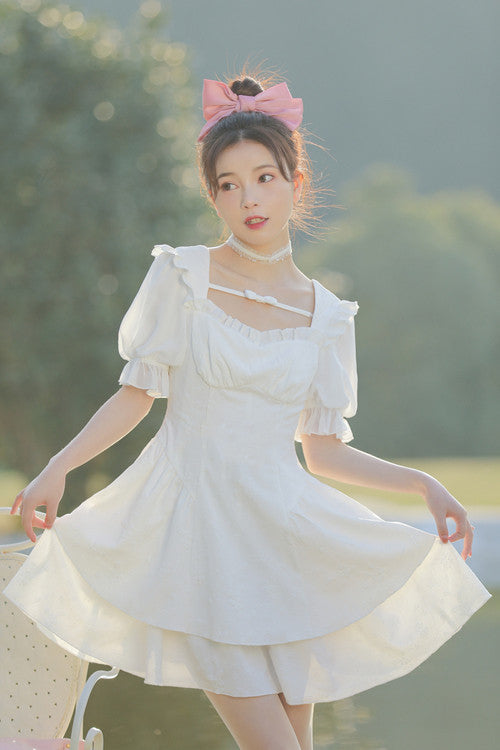White Ruffled Square Collar Bubble Short Sleeves Double Layer Embossed Fabric Sweet Lolita Dress - Product - 5