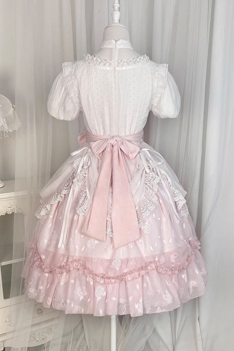 Pink Round Collar Short Sleeves Lace Ruffle Bowknot Sweet Princess Lolita Dress - Product - 4