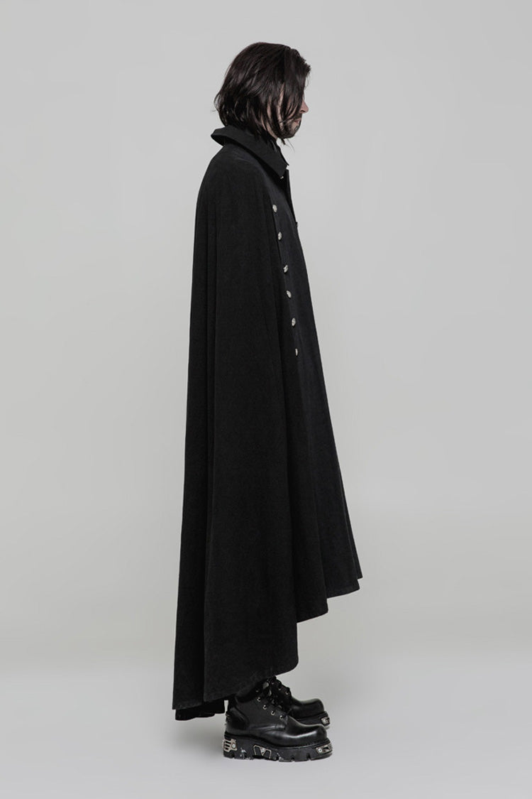 Black Long Sleeve Front Metal Button Slit Irregular Hem Weave Woven Men's Gothic Cloak - Product - 2