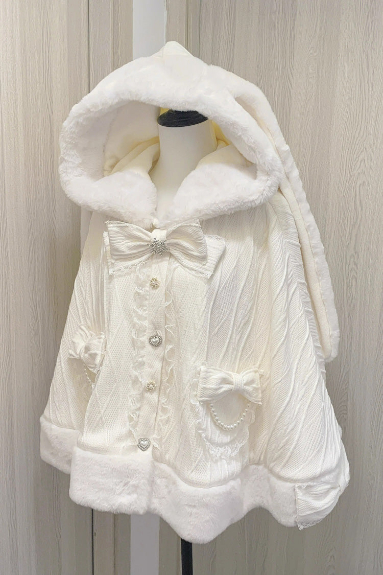 Rabbit Ears Hooded Single Breasted Bowknot Sweet Lolita Cloak Coat 2 Colors - White - 1