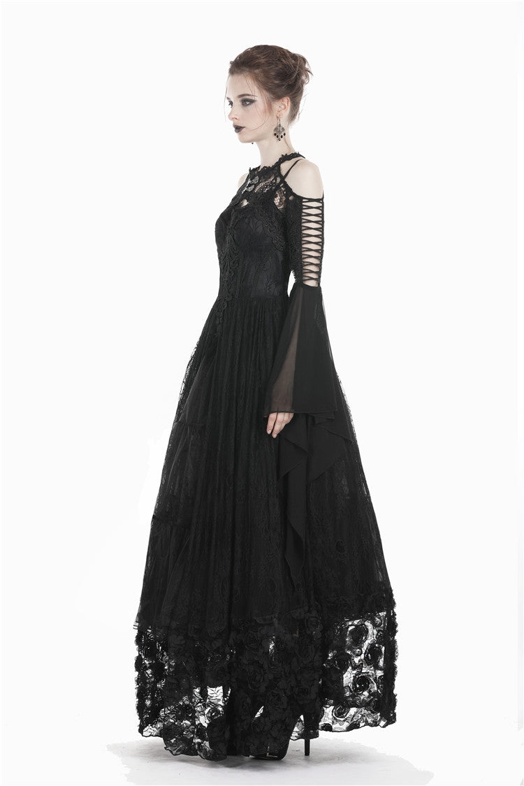 Black Off Shoulder Sheer Lace Long Trumpet Chiffon Sleeves Cut-Out Women's Gothic Capelet - Product - 14