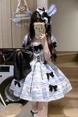 Triple-Layered Short Sleeves Vertical Stripes Print Ruffle Bowknot Lace-Up Sweet Lolita Jsk Dress 2 Colors - Product - 7