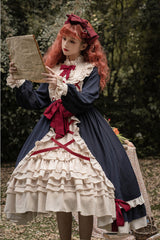Blue Round Collar Bowknot Long Sleeves Multi-Layer Ruffled Sweet Lolita OP Dress (Plus Size Version) - Product - 3