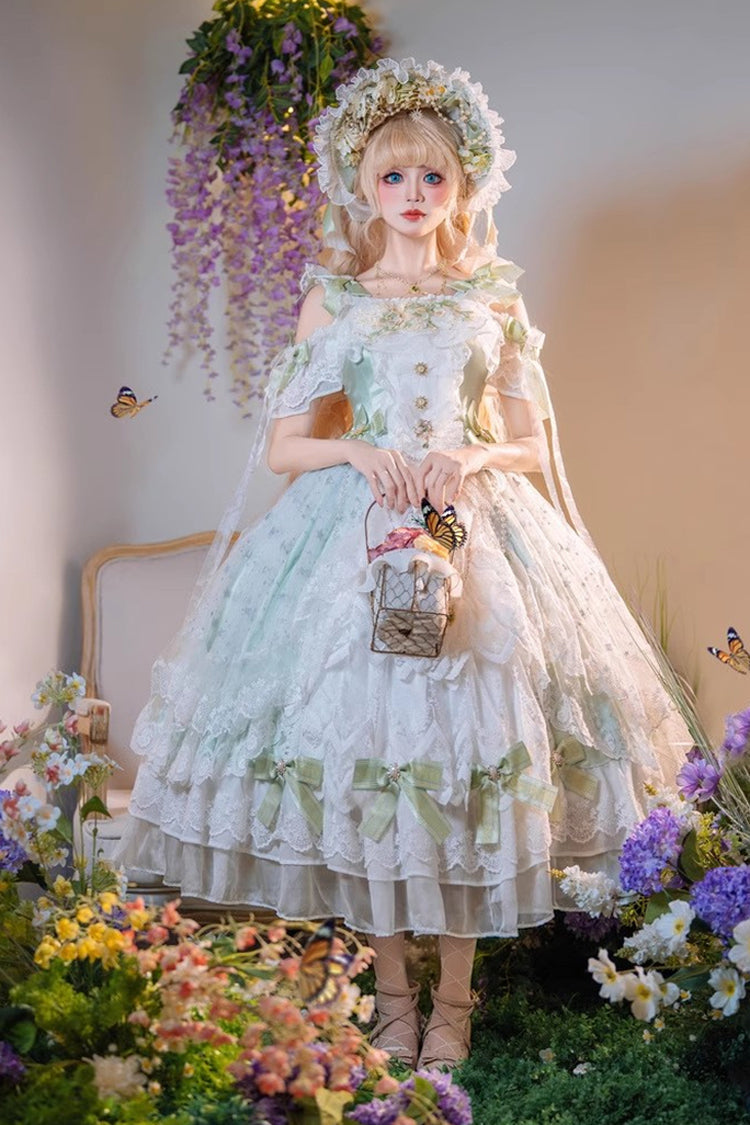 Green [Glazed Phantom] Off Shoulder Ruffle Hanayome Bowknot Lace Sweet Elegant Lolita Dress - Product - 3
