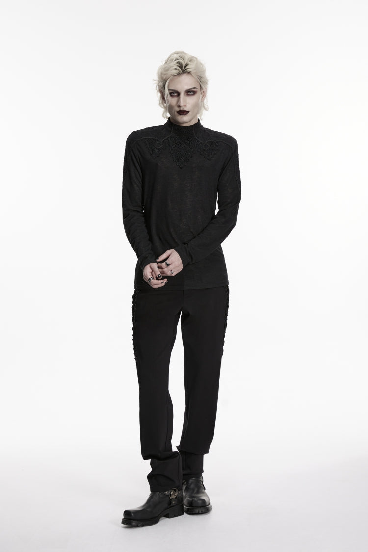 Black High Collar Long Sleeves Jacquard Spliced Slim Men's Gothic Top - Black - 1
