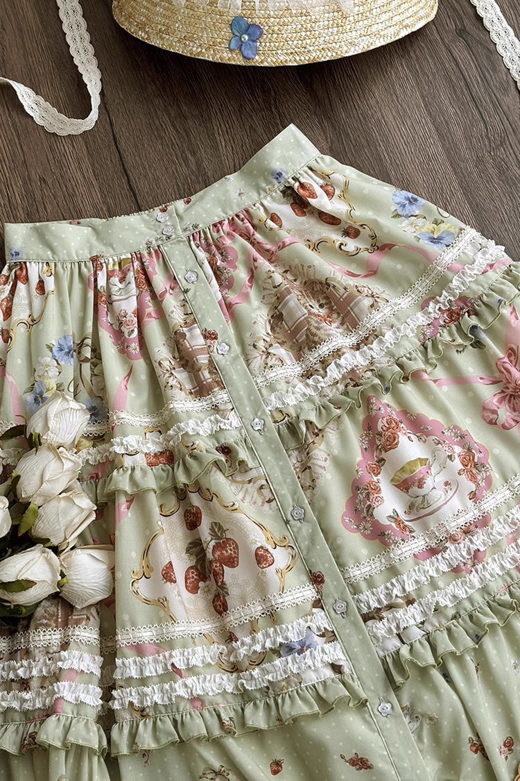 Green [Cat Rose Tea] Print Ruffle Sweet Gorgeous Lolita Skirt - Product - 6