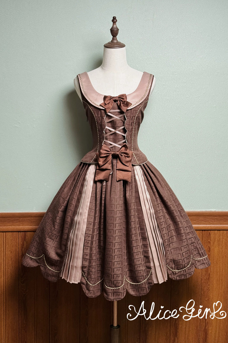 Brown [Teddy Chocolate Bar] Printed Embroidered Bow Lace-Up Classic Lolita Jsk Dress and Skirt - Brown(Long-JSK-Only) - 13