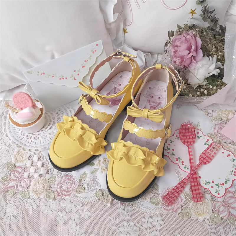 Sweet Ruffle Bowknot Japanese Lolita Shoes 15 Colors - Chick-Yellow - 9