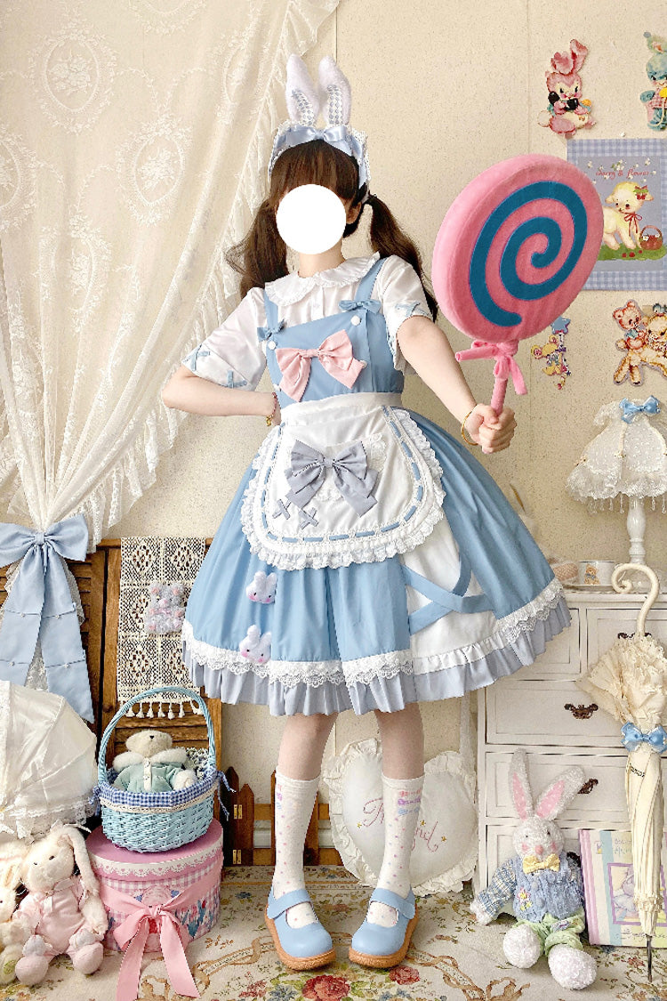 Blue [Picnic Rabbit] Ruffle Bowknot Lace Daily Sweet Lolita Jsk Dress Set - Product - 5