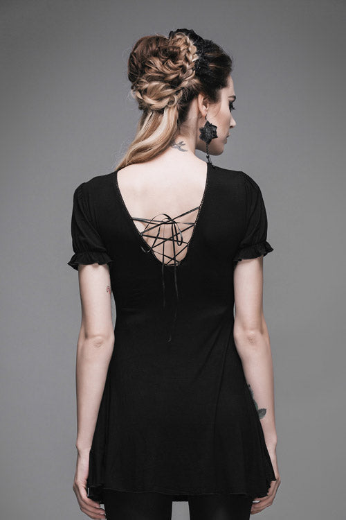 Black Patterned Lace Neck Short Sleeves Womens Mid-Length Gothic T-Shirt - Product - 4