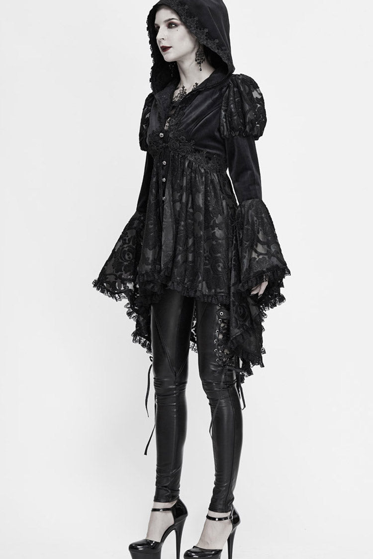 Black Knit Velvet Hooded Front Chest Decals Metal Retro Button Lace Cuff Women's Gothic Coat - Product - 8
