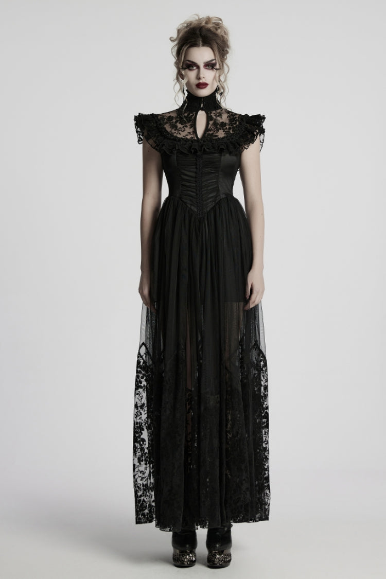 Black Stand Collar Hollow Embroidery Flocking Mesh Women's Gothic Formal Dress - Black - 1