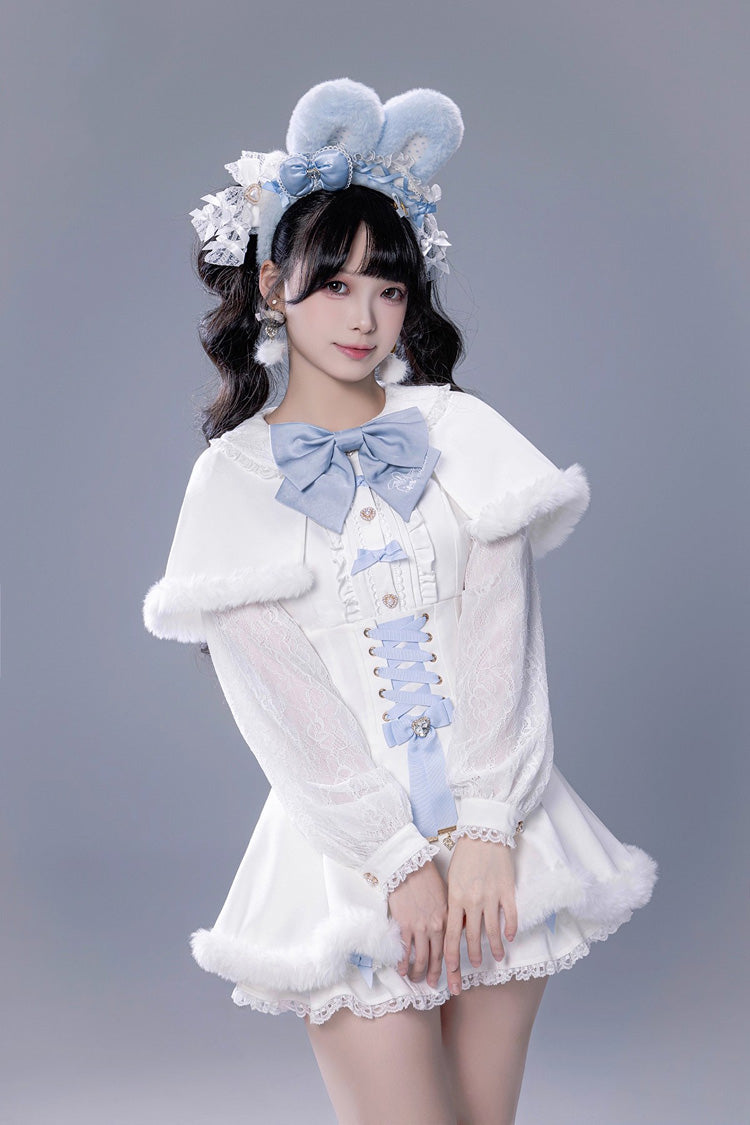 White Long Sleeves Ruffle Bowknot Lace-Up Japanese Jirai Kei Dress Shorts Plush Set - White - 1