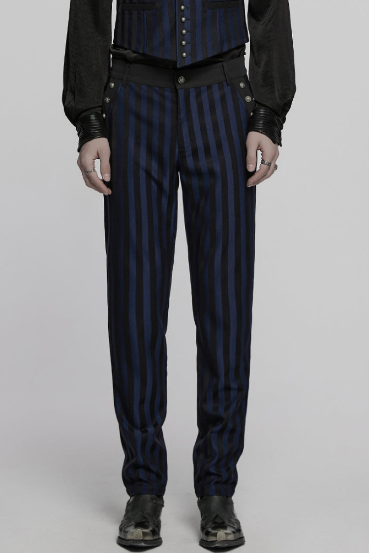 Black/Blue High Waisted Striped Print Men's Gothic Suit Pants - Black/Blue - 1