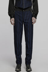 Black/Blue High Waisted Striped Print Men's Gothic Suit Pants - Black/Blue - 1