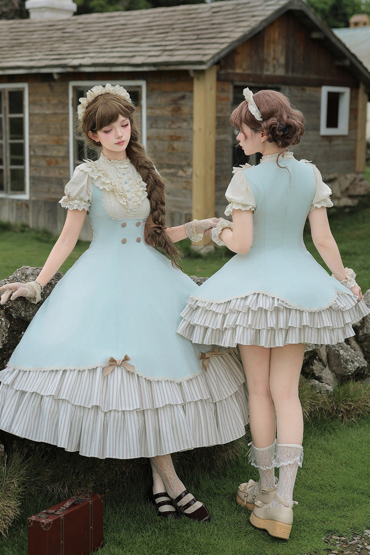 Blue [Sea Salt Snow Cap] Stand Collar Short Sleeves Petal Hem Ruffled Bow Sweet Lolita Dress Set 2 Versions - Product - 4