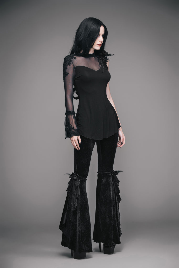 Black Shoulder Decals Feather Decoration Single Sleeve Splice Mesh Women's Gothic Knit - Product - 4