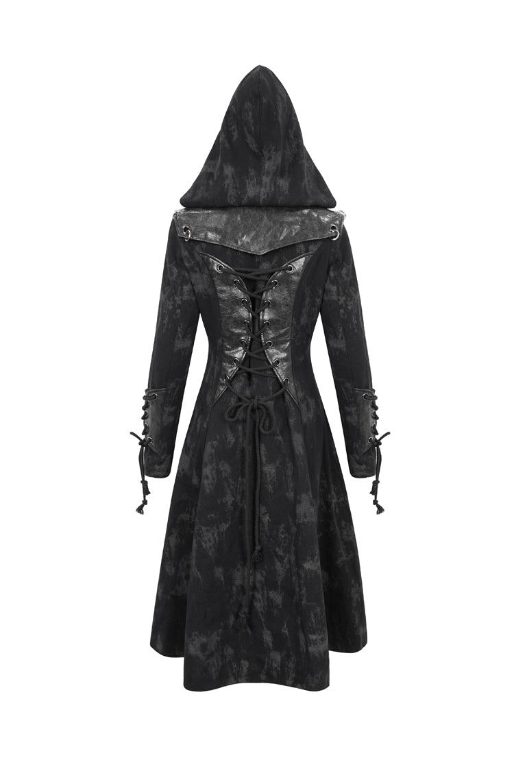 Black Faux Leather Splice With Hood Irregular Pattern Print Long Women's Punk Coat - Product - 9