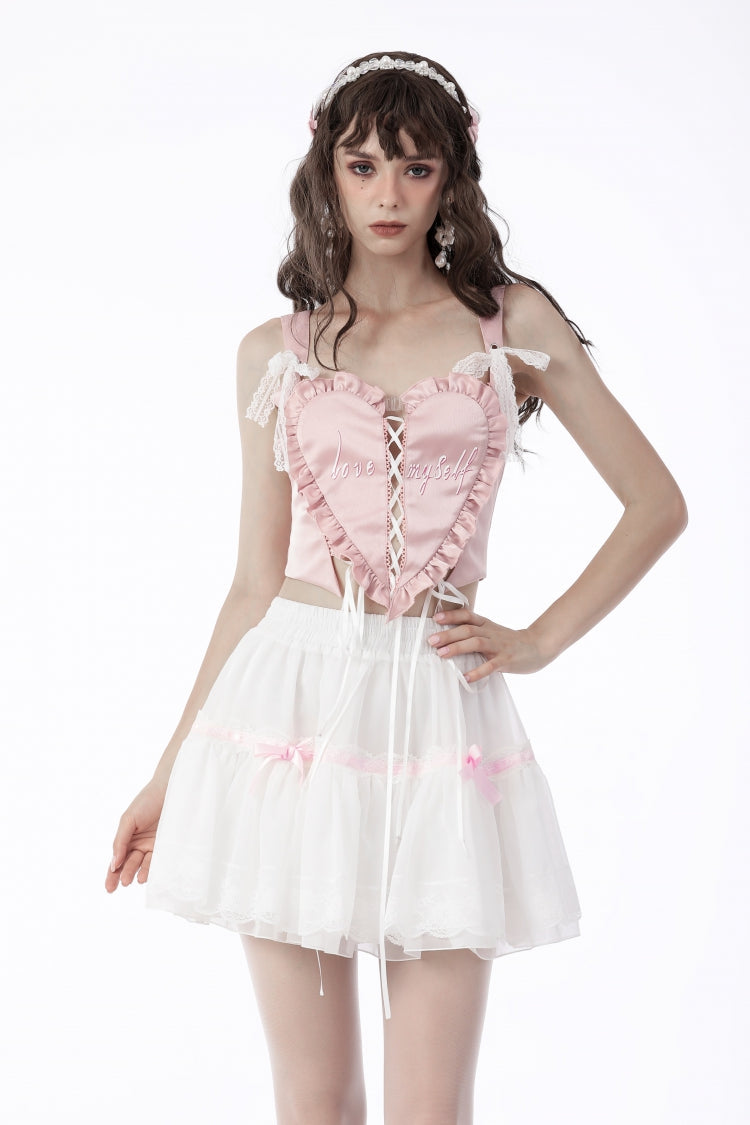 Pink Ruffled Love Heart Lace-Up Women's Lolita Princess Bustier - Pink - 1