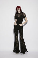 Black Stand Collar Short Sleeves Cut-Out Lace Slim Sheer Faux Two-Piece Women's Gothic Top - Product - 8