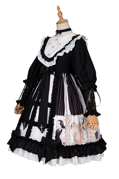 Black Doll Collar Long Sleeves Ruffled Anthem Print Gothic Lolita OP Dress - Product - 7