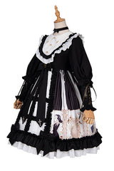 Black Doll Collar Long Sleeves Ruffled Anthem Print Gothic Lolita OP Dress - Product - 7