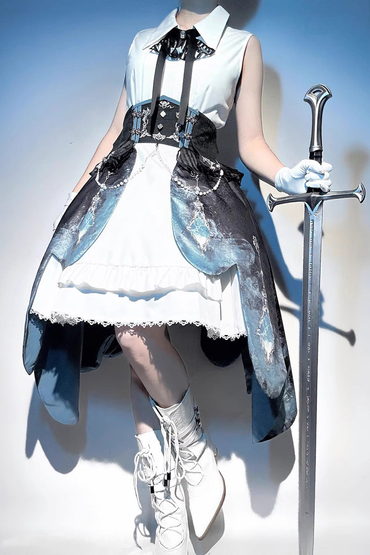 White/Blue Gradient Print Ruffle Cardigan Pearl Sweet College British Knight Style Handsome Lolita Dress Set - Product - 4
