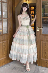 Green [Lilac Thoughts] Sleeveless Gradient Multi-Layered Print Ruffle Bowknot Lace Sweet Lolita Dress Set - Green - 1