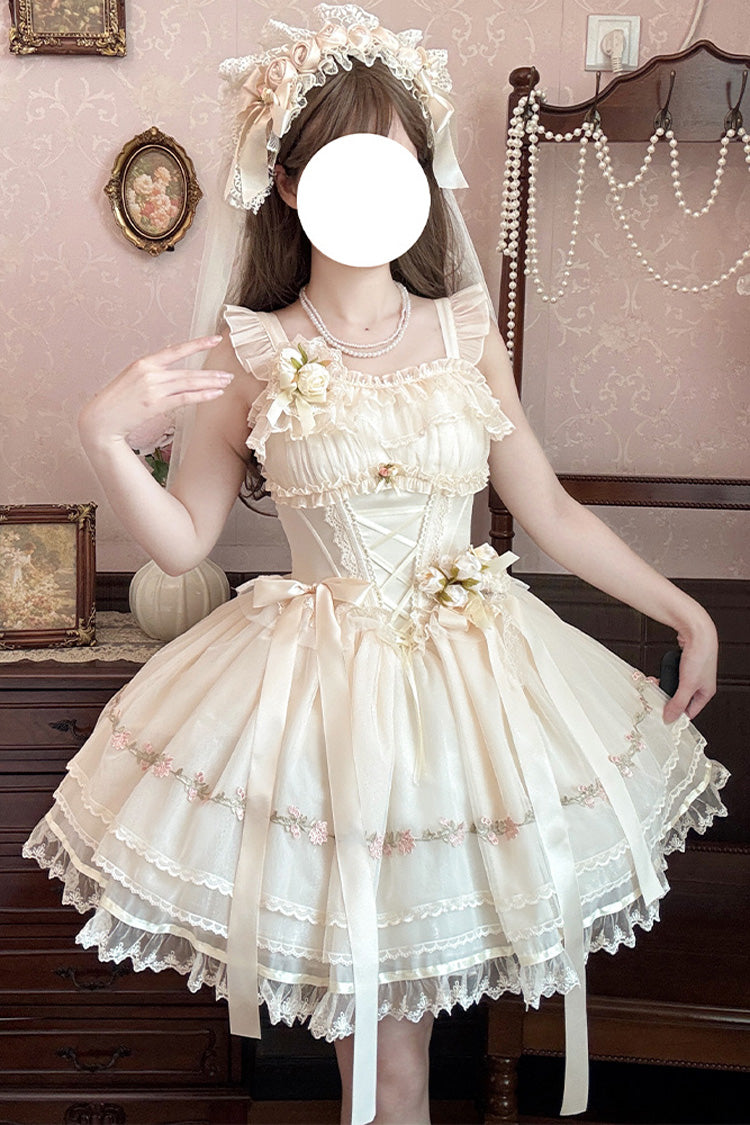 [Mist Champagne] Multi-Layered Ruffle Bowknot Lace Sweet Elegant Ballet Lolita Jsk Dress 3 Colors - Ivory - 7