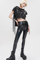 Black Short Front Long Back Stitched Shiny Leather Inverted Pentagram Shape Hoodie Short Sleeve Women's Punk T-Shirt - Product - 8