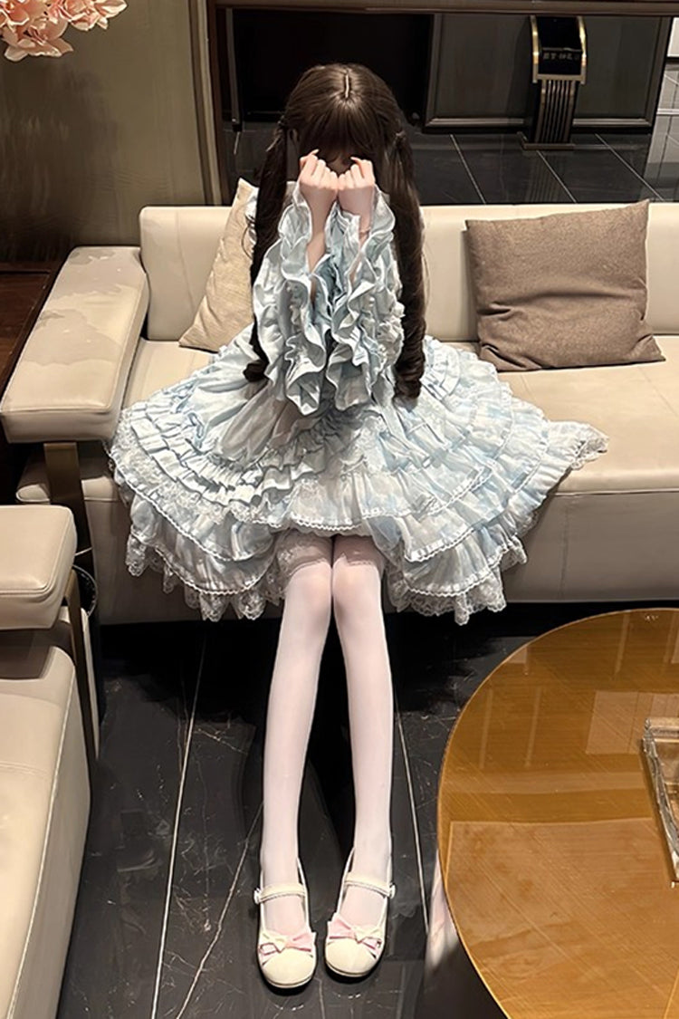 Blue [The Soloist Doll] Long Hime Sleeves Multi-Layered Print Ruffle Bowknot Asymmetric Sweet Lolita Dress - Product - 12