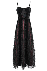 Red Front Chest Decals Dense Velvet Long Women's Gothic Sling Dress - Product - 8