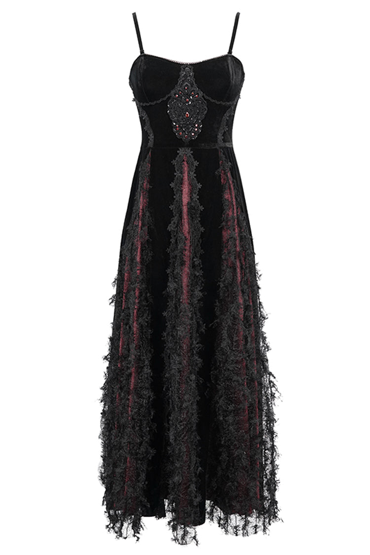 Red Front Chest Decals Dense Velvet Long Women's Gothic Sling Dress - Product - 8