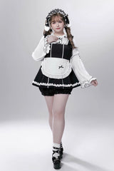 Black/White [Showcase Doll] Japanese Maid-Style Long Sleeves Ruffle Bowknot Jirai Kei Japanese Dress Shorts Set with Detachable Apron - Product - 9