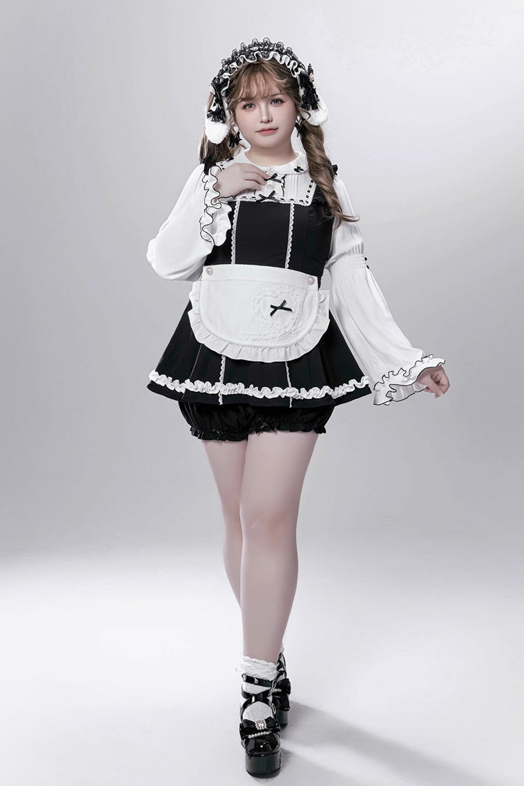 Black/White [Showcase Doll] Japanese Maid-Style Long Sleeves Ruffle Bowknot Jirai Kei Japanese Dress Shorts Set with Detachable Apron - Product - 9