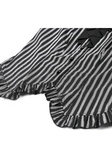 Black/White Vertical Striped Turn-down Collar Ruffled Women's Gothic Blouse with Detachable Tie - Product - 14