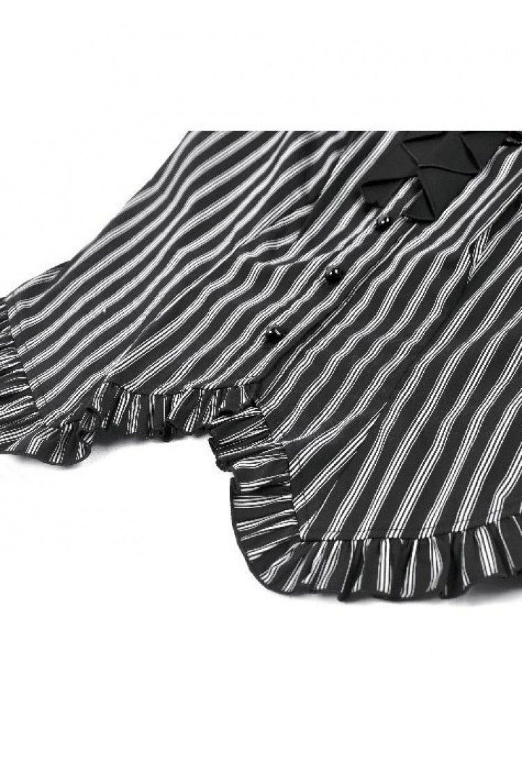 Black/White Vertical Striped Turn-down Collar Ruffled Women's Gothic Blouse with Detachable Tie - Product - 14