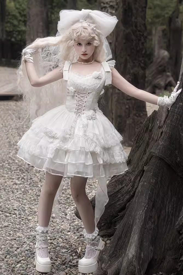 White Rose Multi-layer Ruffle Hanayome Stitching Lace Detachable Sweet Princess Lolita Tiered Dress - Product - 2