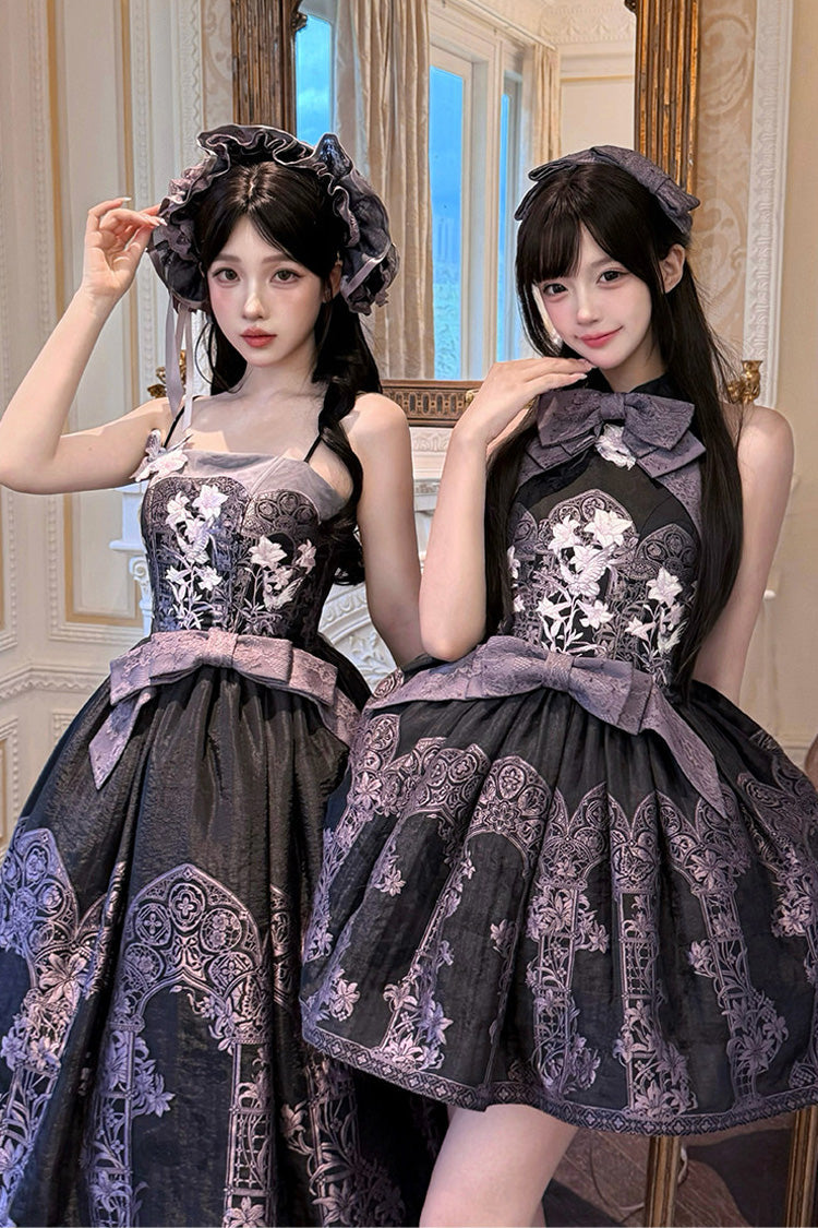 [Stained Glass Dream] Square Collar Sleeveless Printed Embroidered Bow Gothic Lolita Jsk Dress 2 Colors(Black/Purple, White/Purple) - Product - 5