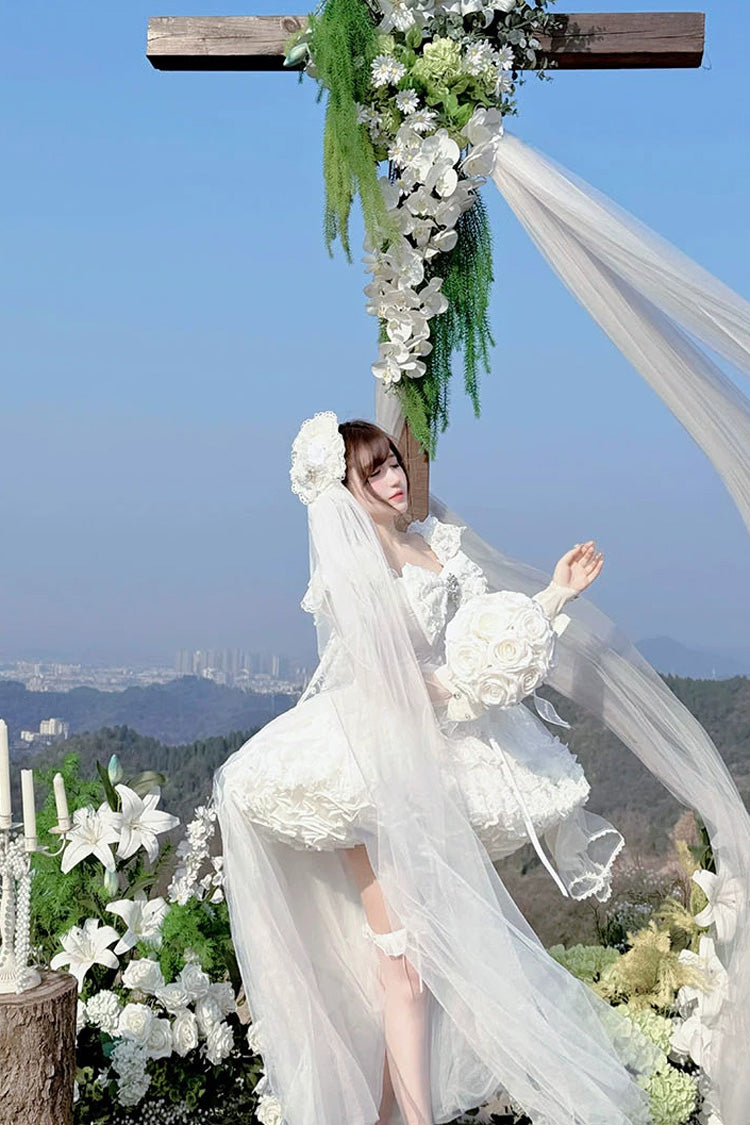 White [White Feather Promise] Sleeveless Multi-Layered Ruffled Hanayome Bow Lace Sweet Lolita Jsk Dress - Product - 9