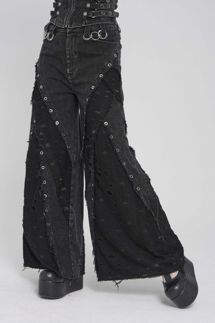 Black Cut-Out Spliced Mesh Eyelet Women's Punk Layered Ripped Pants - Product - 7