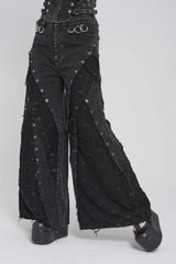 Black Cut-Out Spliced Mesh Eyelet Women's Punk Layered Ripped Pants - Product - 7