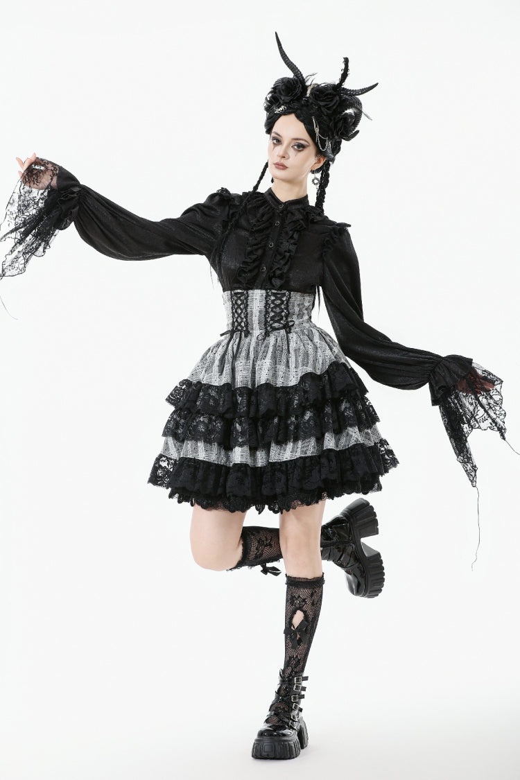Black/Grey High Waisted Lace-Up Lace Ruffled Layered Hem Women's Lolita Gothic Skirt - Product - 8