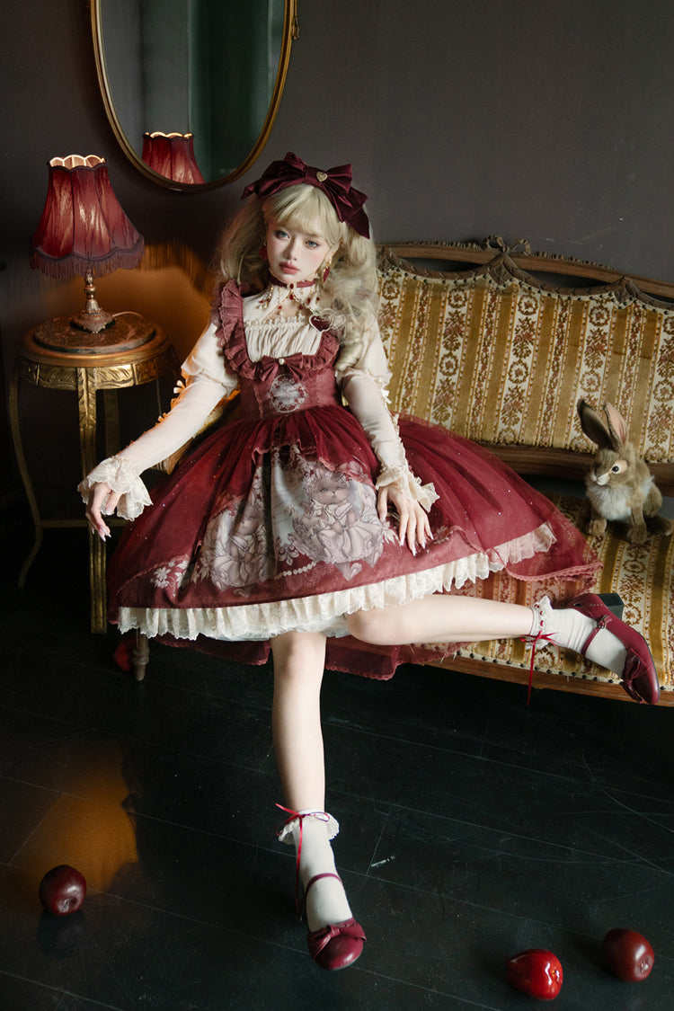 Red Bunny Tea Party Print Ruffle Bowknot Sweet Lolita Jsk Dress - Product - 7