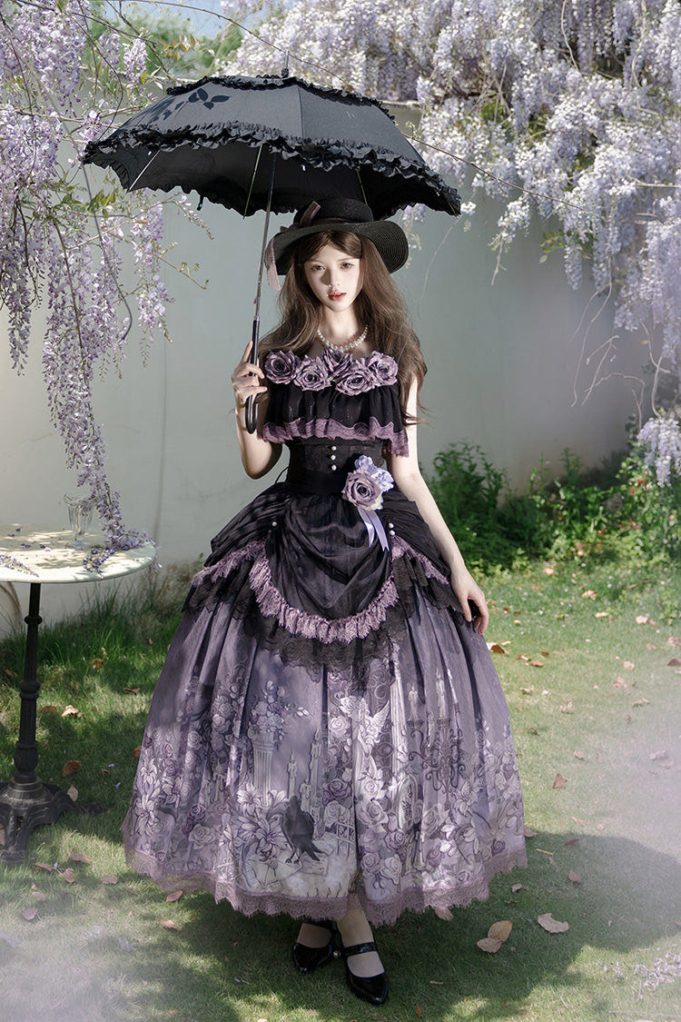 Black/Purple [Angel Garden] Sleeveless Print Ruffle Bowknot Lace Sweet Gothic Lolita Skirt Set - Black/Purple - 1