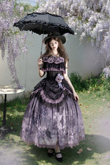 Black/Purple [Angel Garden] Sleeveless Print Ruffle Bowknot Lace Sweet Gothic Lolita Skirt Set - Black/Purple - 1
