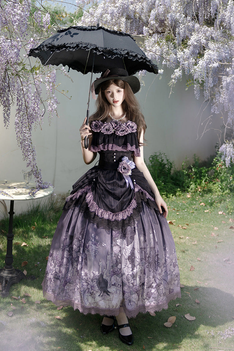 Black/Purple [Angel Garden] Sleeveless Print Ruffle Bowknot Lace Sweet Gothic Lolita Skirt Set - Black/Purple - 1